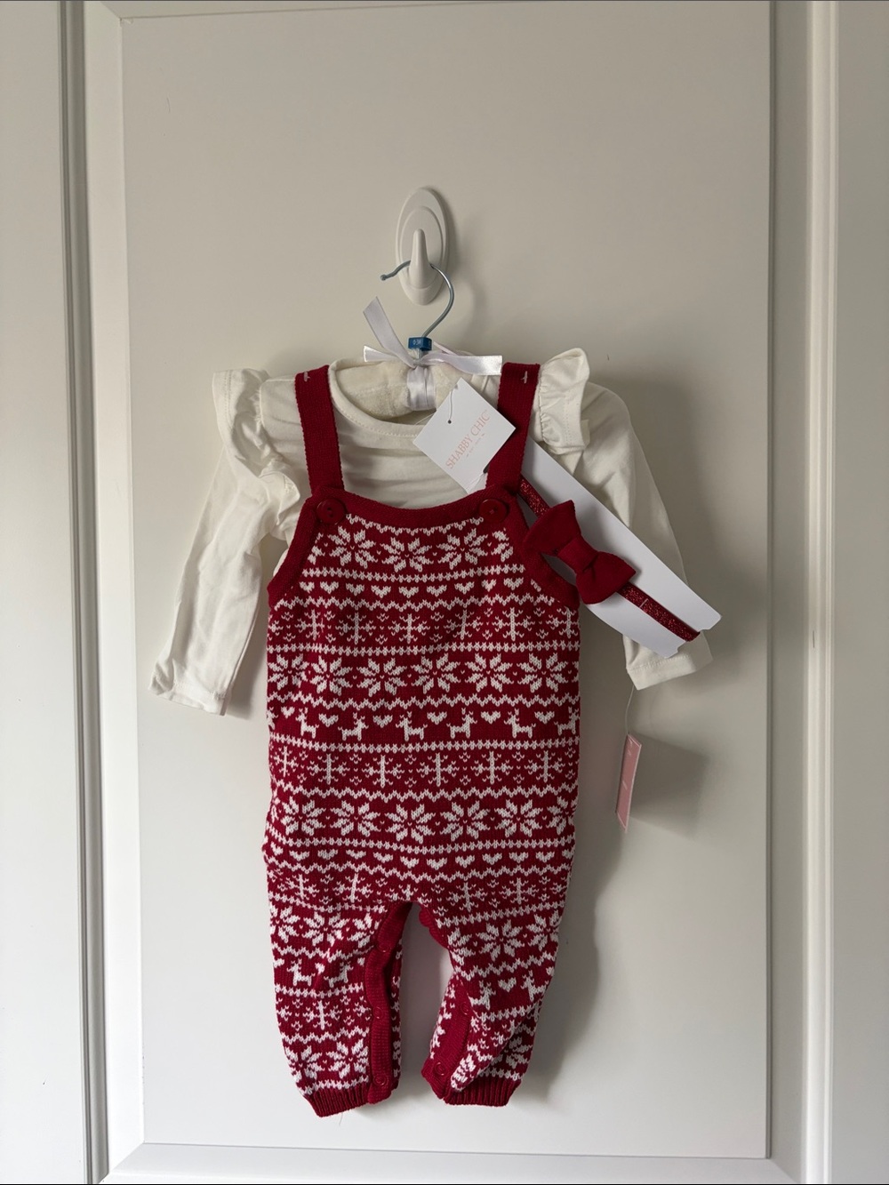 Shabby Chic Red and White Fair Isle Knit Overalls Set